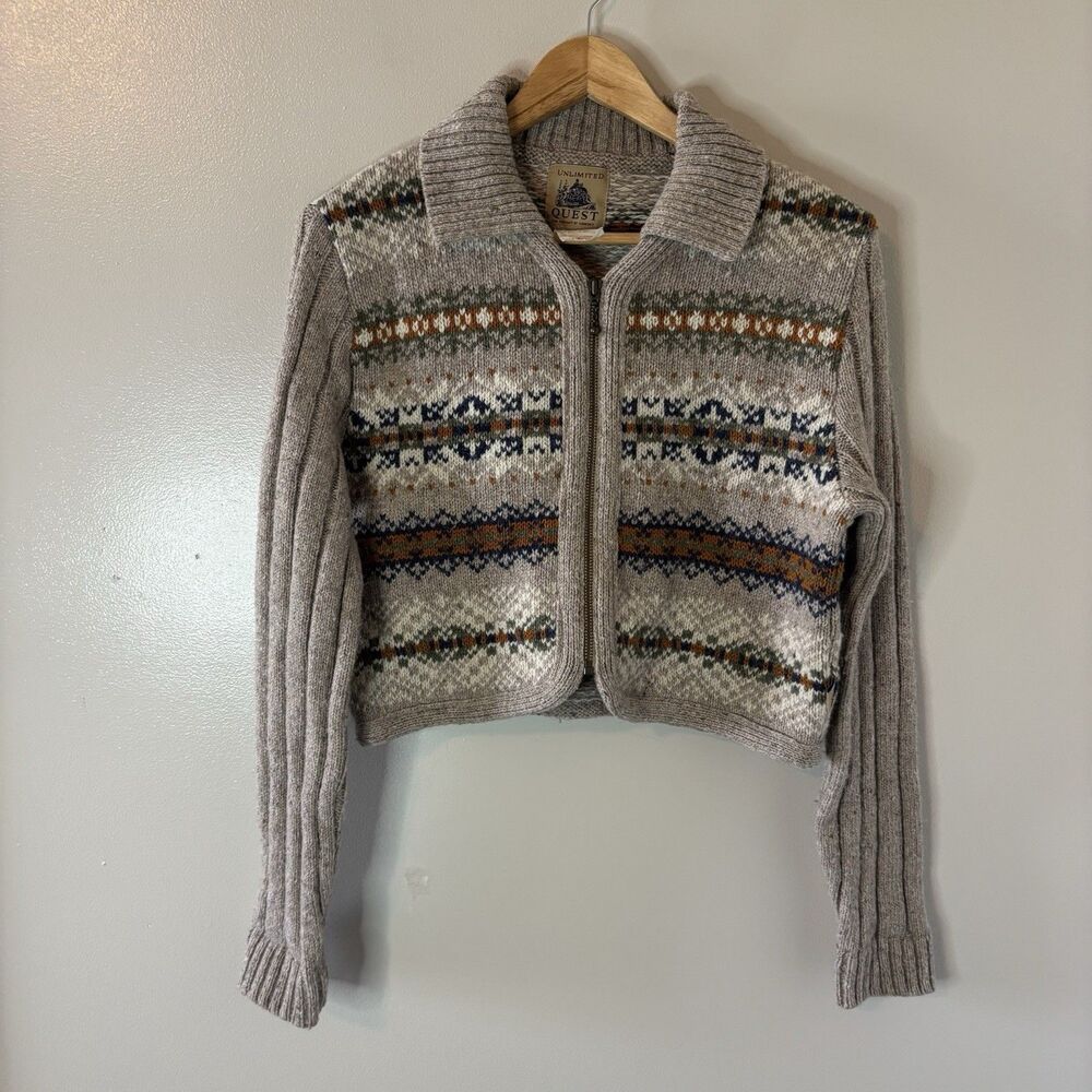 Unlimited Quest Full Zip Wool Blend Sweater Cardigan Beige Nordic Women's Medium